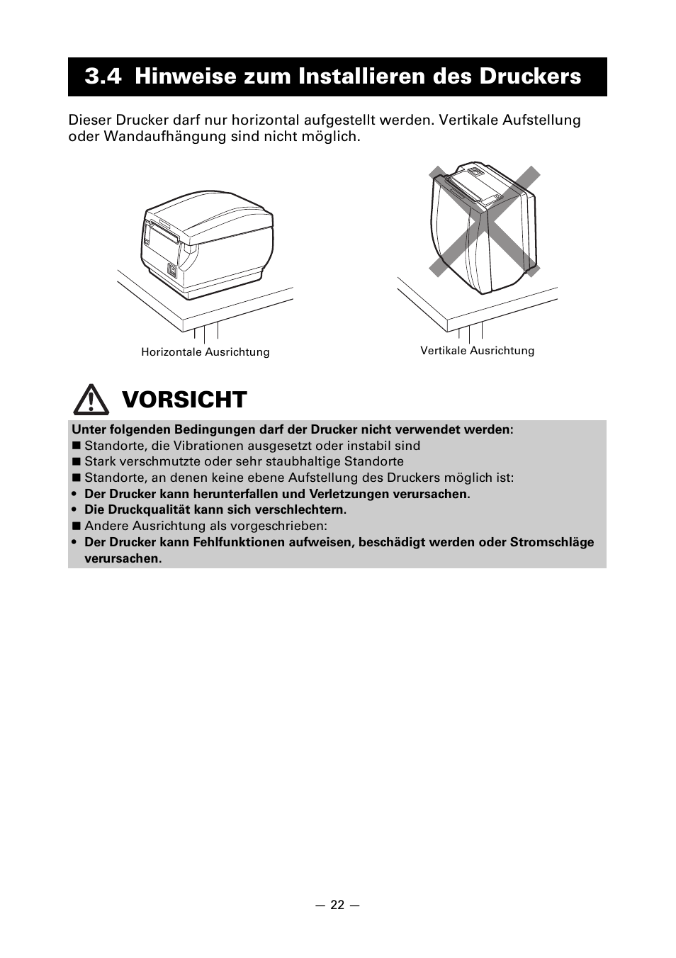 4 hinweise zum installieren des druckers, 4 hinweise zum installieren des druckers vorsicht | CITIZEN CT-S651 User Manual | Page 114 / 228