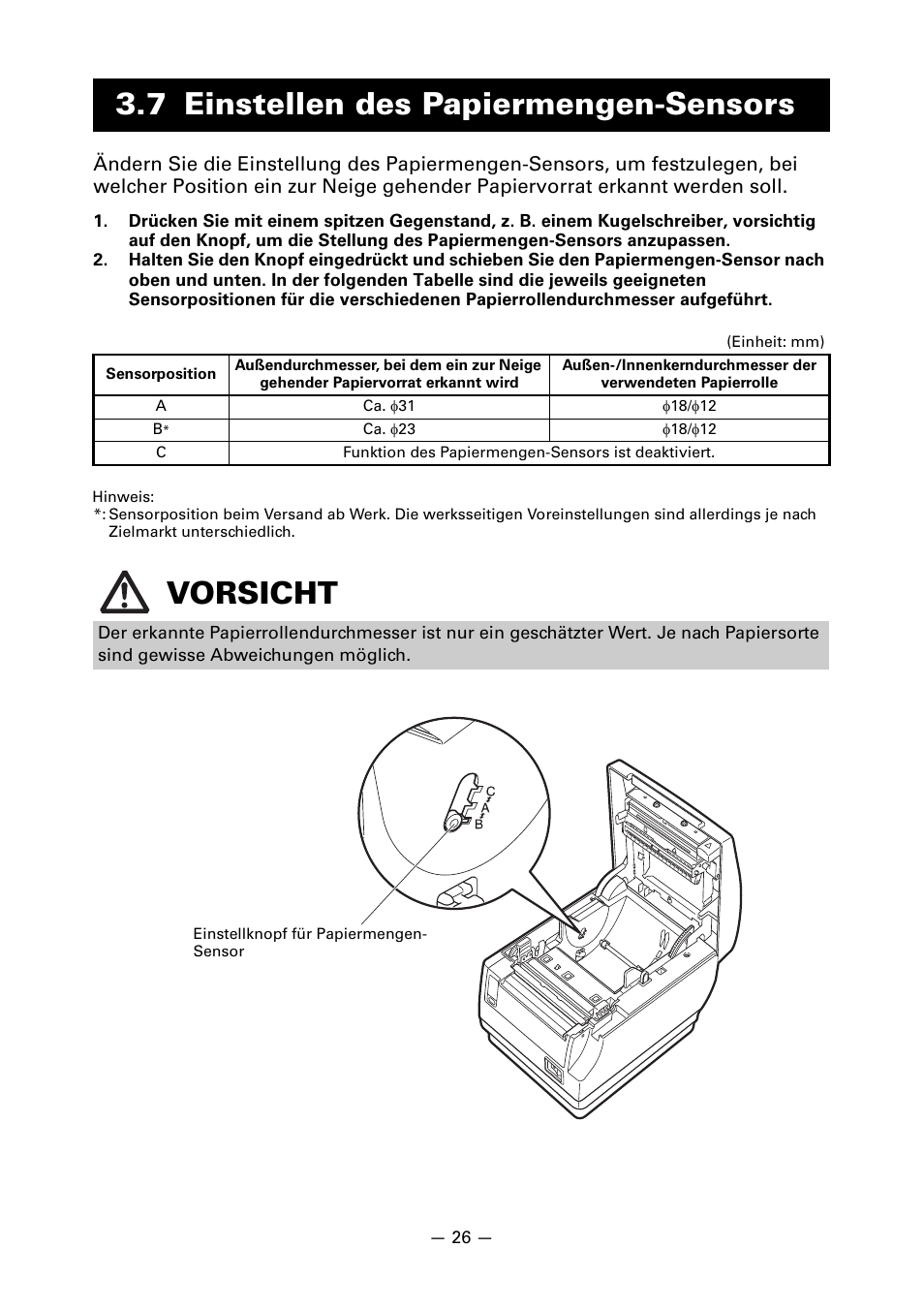 7 einstellen des papiermengen-sensors, Vorsicht | CITIZEN CT-S651 User Manual | Page 118 / 228