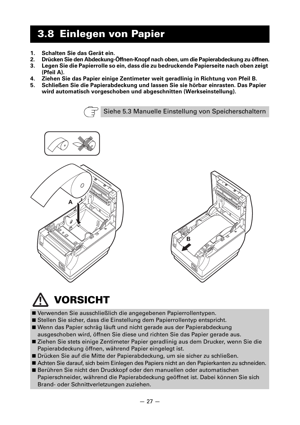 8 einlegen von papier, Vorsicht | CITIZEN CT-S651 User Manual | Page 119 / 228