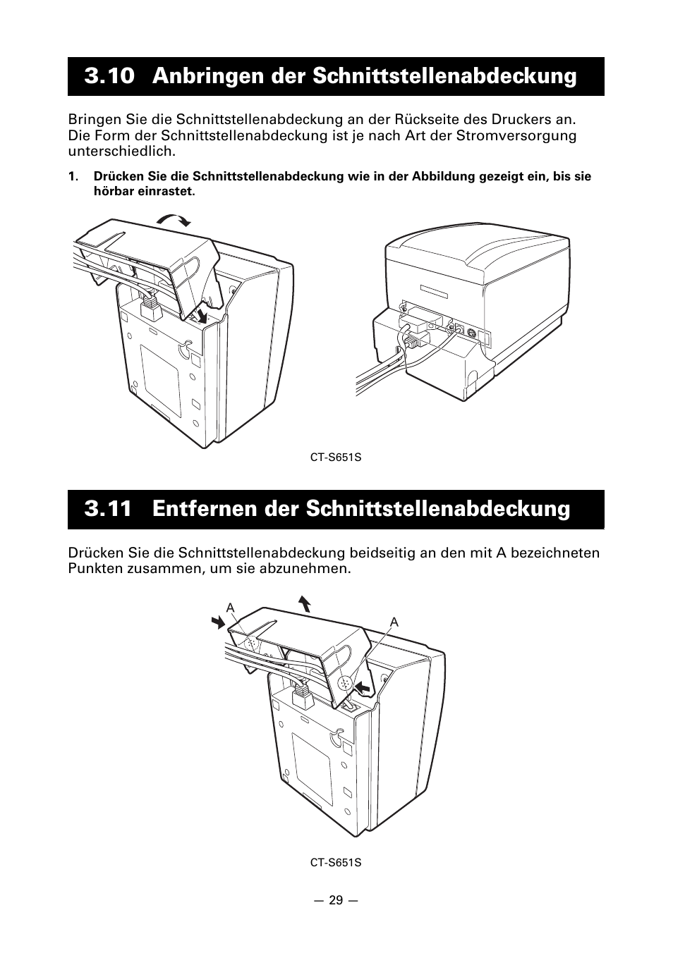 10 anbringen der schnittstellenabdeckung, 11 entfernen der schnittstellenabdeckung | CITIZEN CT-S651 User Manual | Page 121 / 228