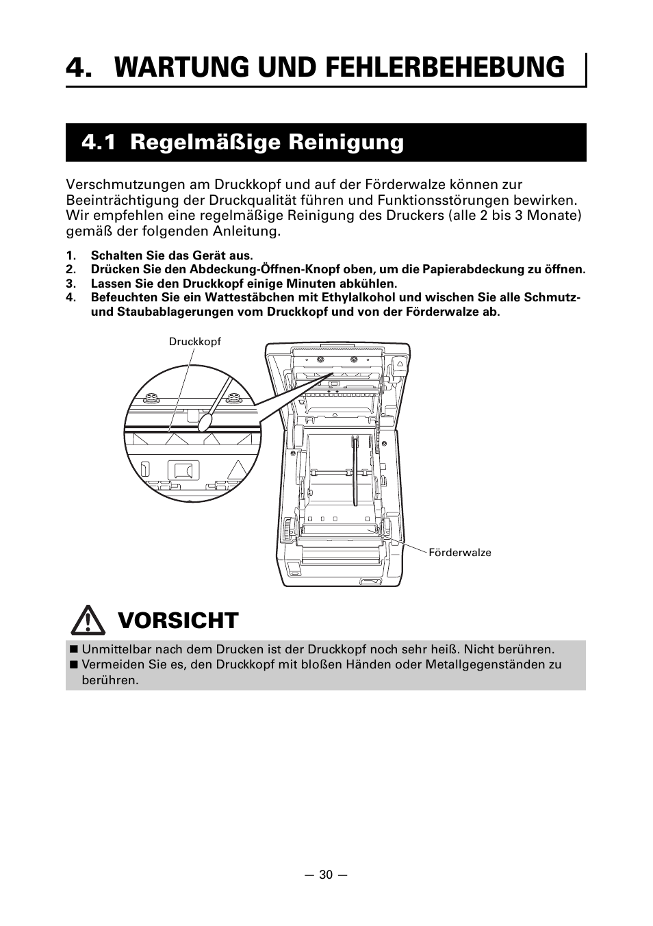 Wartung und fehlerbehebung, 1 regelmäßige reinigung, 1 regelmäßige reinigung vorsicht | CITIZEN CT-S651 User Manual | Page 122 / 228