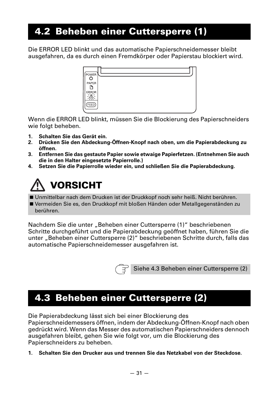 2 beheben einer cuttersperre (1), 3 beheben einer cuttersperre (2), 2 beheben einer cuttersperre (1) vorsicht | CITIZEN CT-S651 User Manual | Page 123 / 228