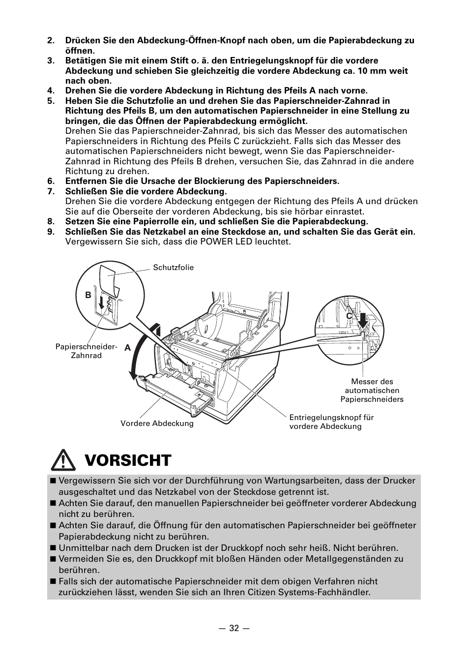 Vorsicht | CITIZEN CT-S651 User Manual | Page 124 / 228
