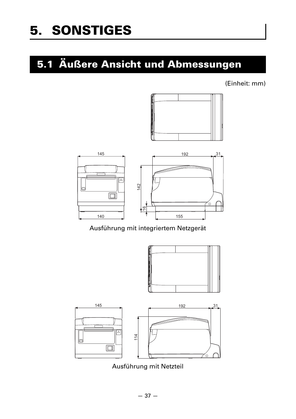 Sonstiges, 1 äußere ansicht und abmessungen | CITIZEN CT-S651 User Manual | Page 129 / 228