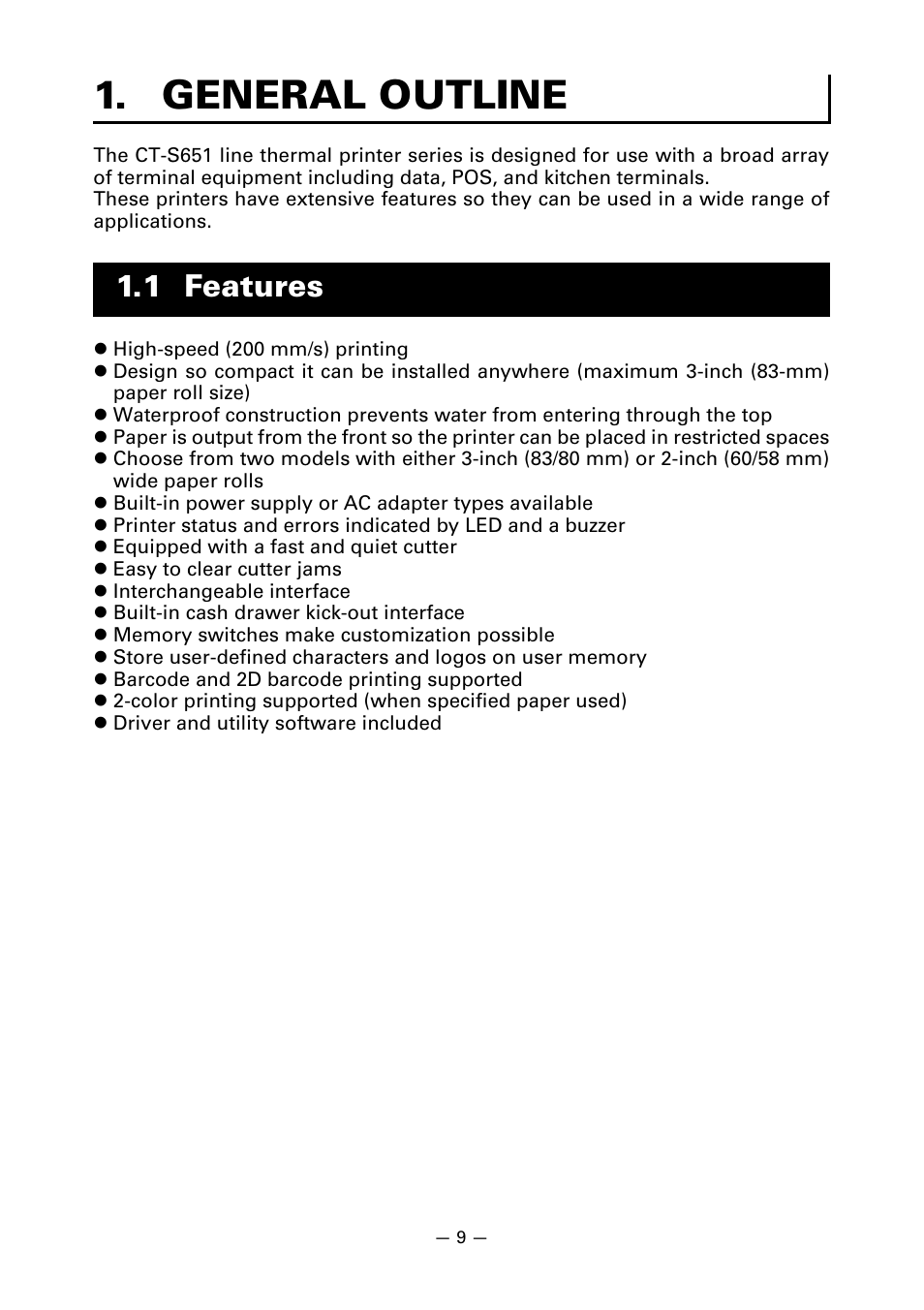 General outline, 1 features | CITIZEN CT-S651 User Manual | Page 13 / 228