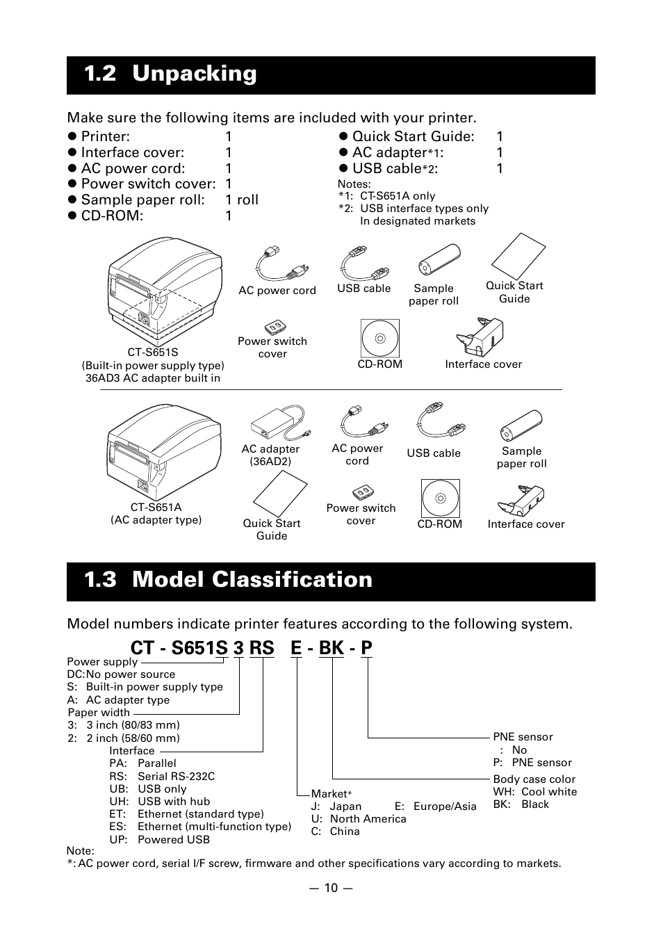 2 unpacking, 3 model classification, 2 unpacking 1.3 model classification | Ct - s651s 3 rs e - bk - p | CITIZEN CT-S651 User Manual | Page 14 / 228
