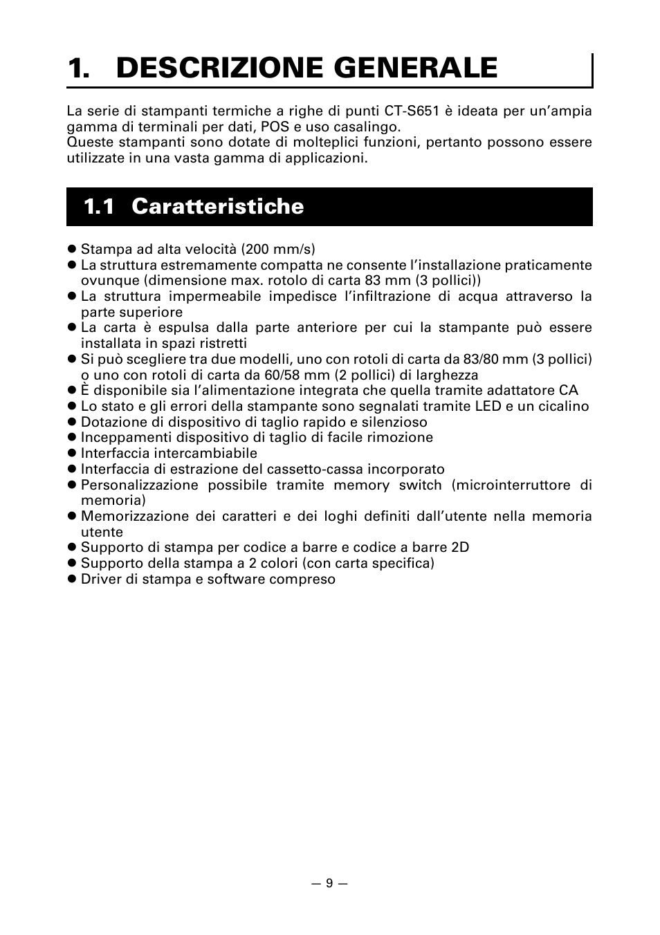 Descrizione generale, 1 caratteristiche | CITIZEN CT-S651 User Manual | Page 146 / 228