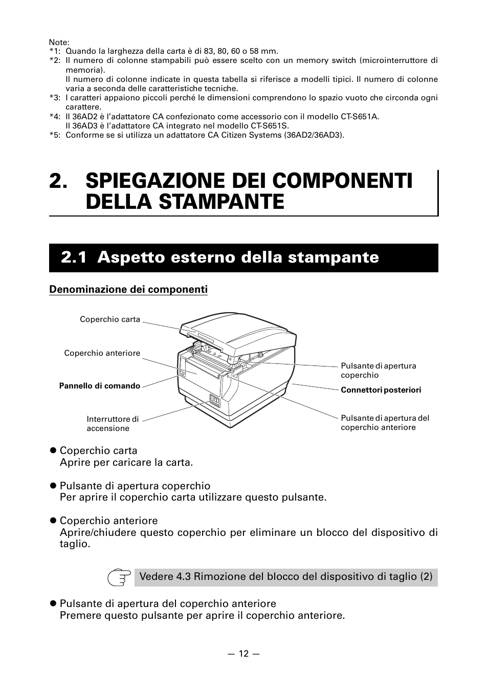 Spiegazione dei componenti della stampante, 1 aspetto esterno della stampante | CITIZEN CT-S651 User Manual | Page 149 / 228