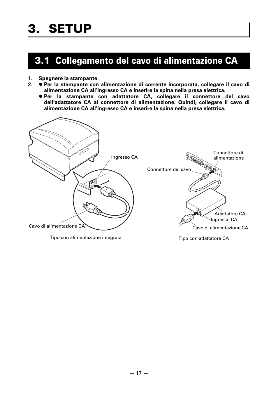 Setup, 1 collegamento del cavo di alimentazione ca | CITIZEN CT-S651 User Manual | Page 154 / 228