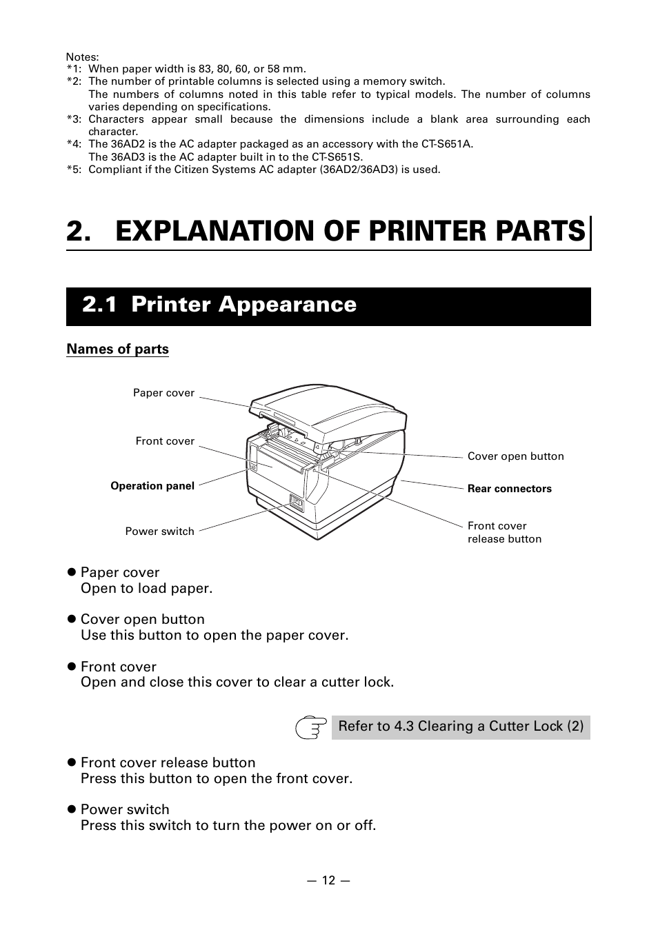 Explanation of printer parts, 1 printer appearance | CITIZEN CT-S651 User Manual | Page 16 / 228