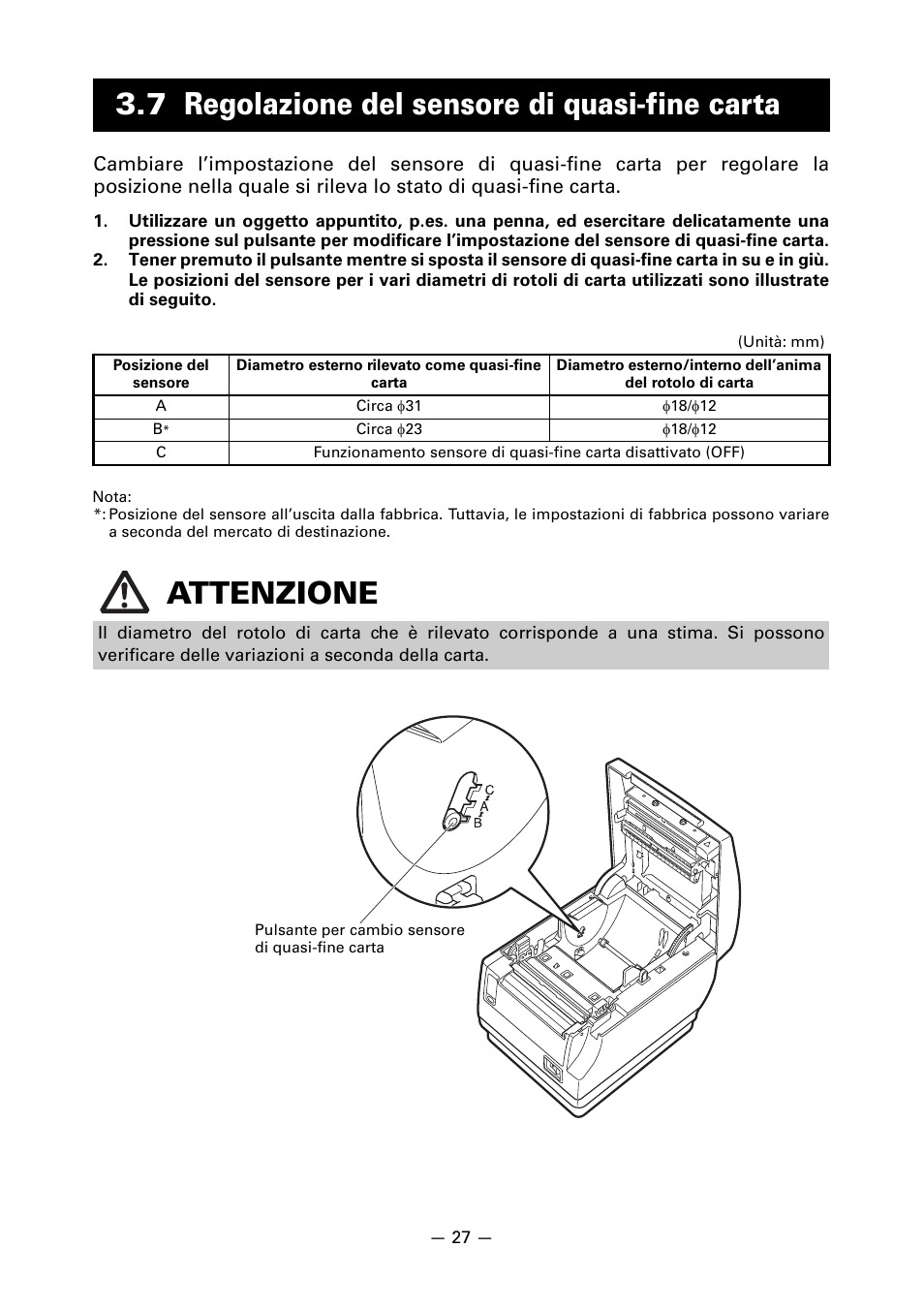 7 regolazione del sensore di quasi-fine carta, Attenzione | CITIZEN CT-S651 User Manual | Page 164 / 228