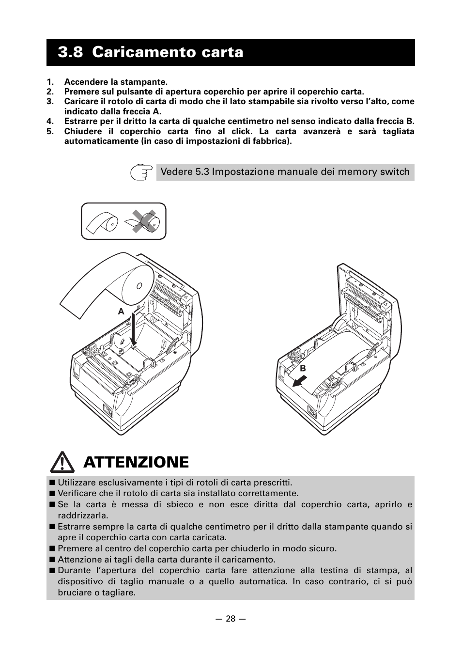 8 caricamento carta, Attenzione | CITIZEN CT-S651 User Manual | Page 165 / 228