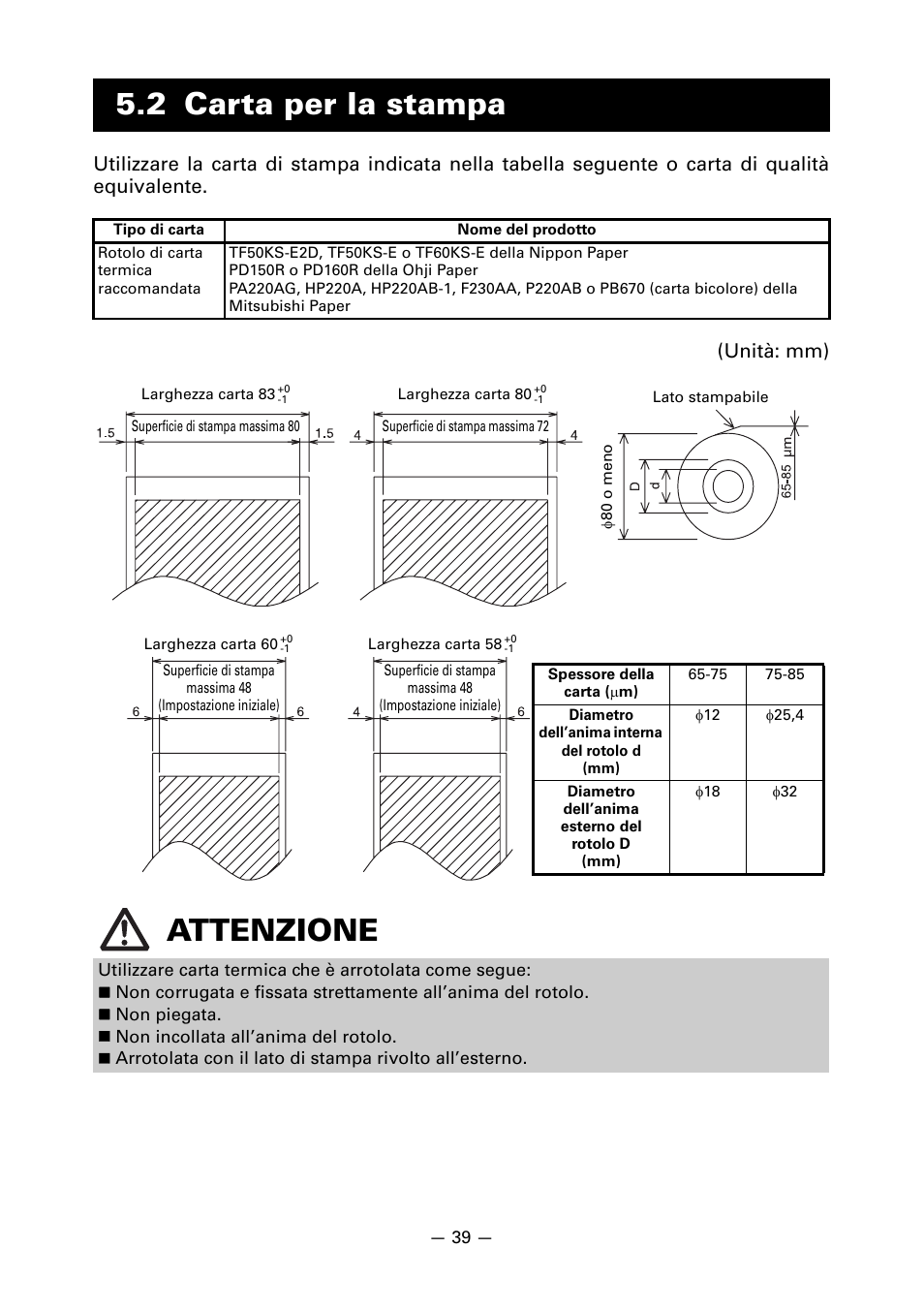 2 carta per la stampa, Attenzione | CITIZEN CT-S651 User Manual | Page 176 / 228