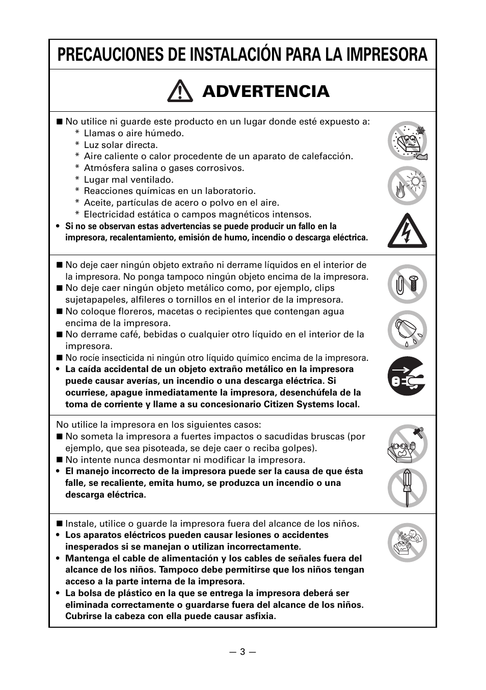 Precauciones de instalación para la impresora, Advertencia | CITIZEN CT-S651 User Manual | Page 186 / 228