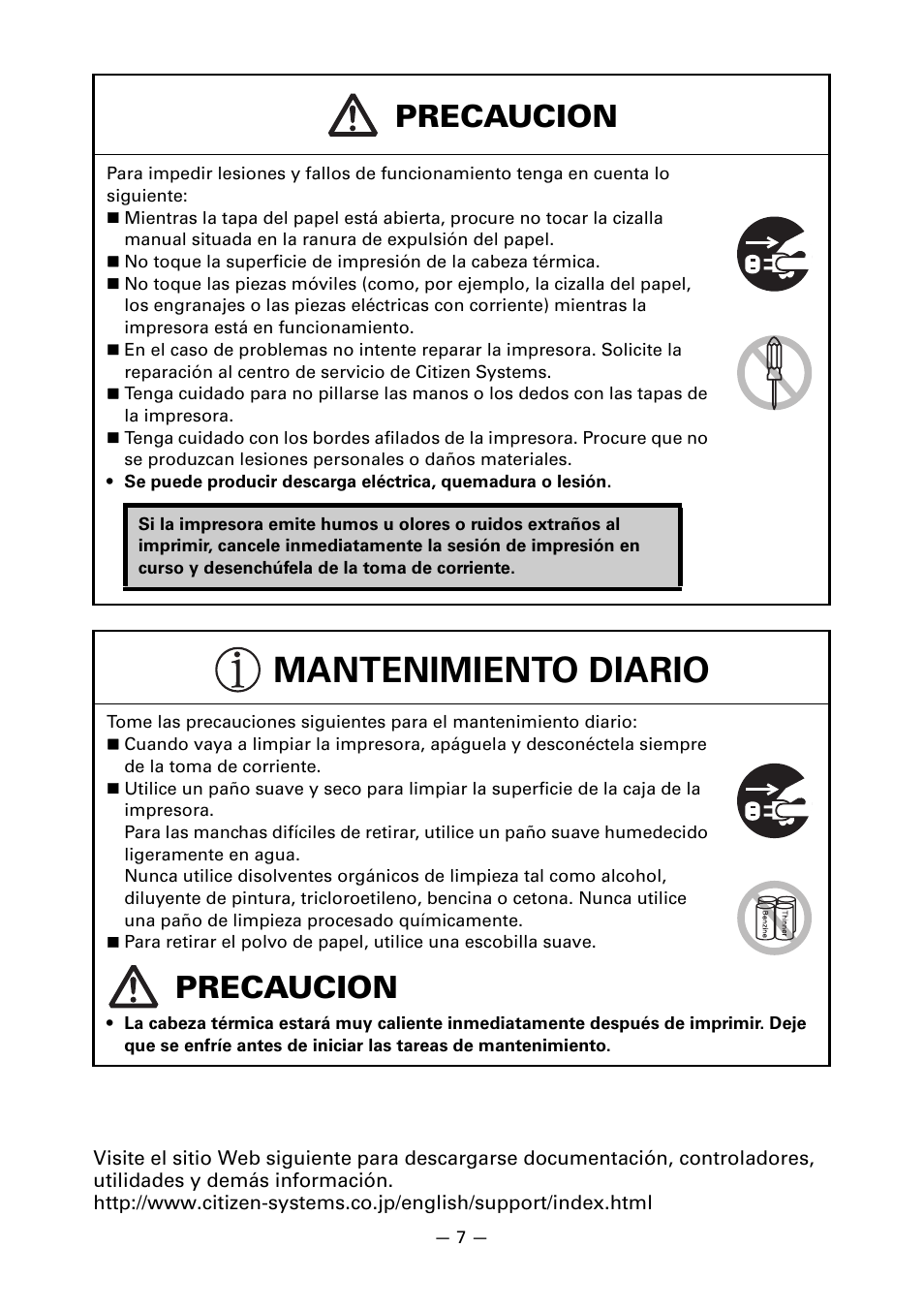 Mantenimiento diario, Precaucion | CITIZEN CT-S651 User Manual | Page 190 / 228