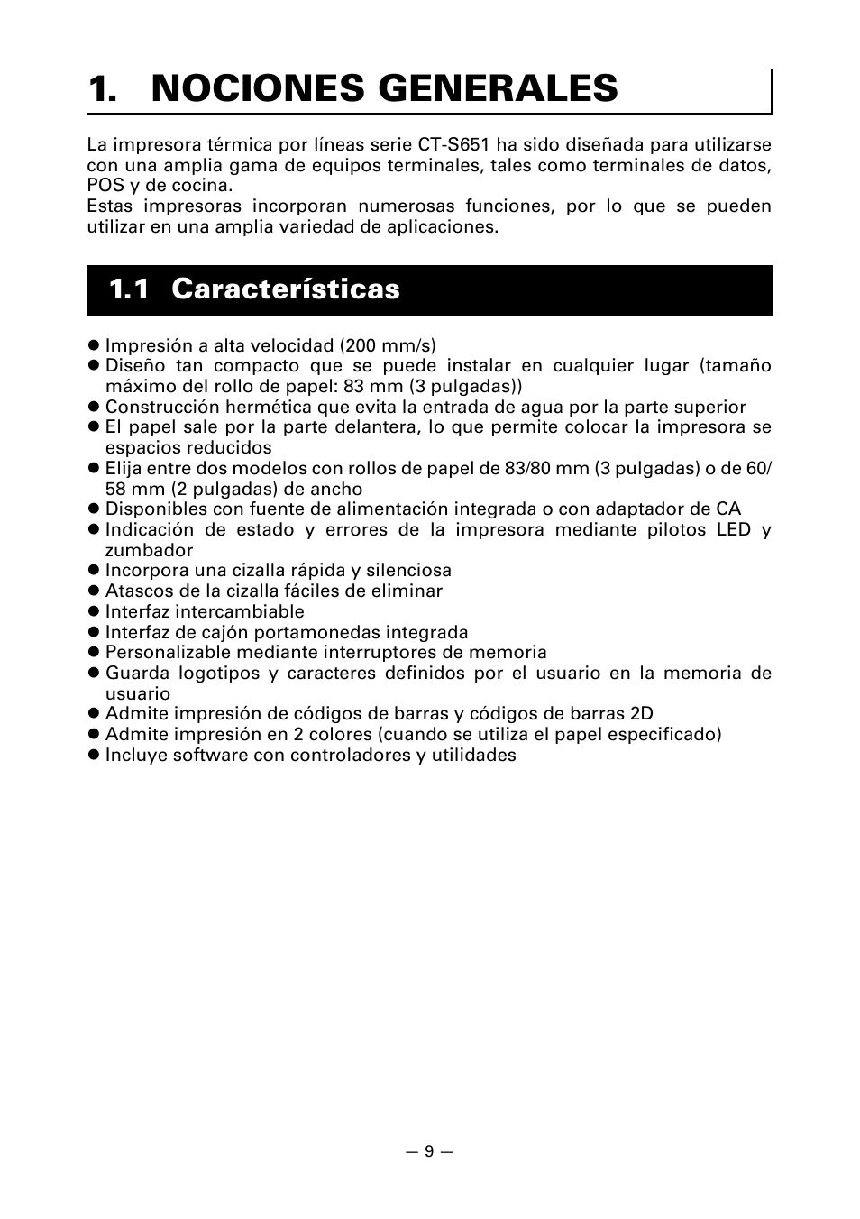 Nociones generales, 1 características | CITIZEN CT-S651 User Manual | Page 192 / 228