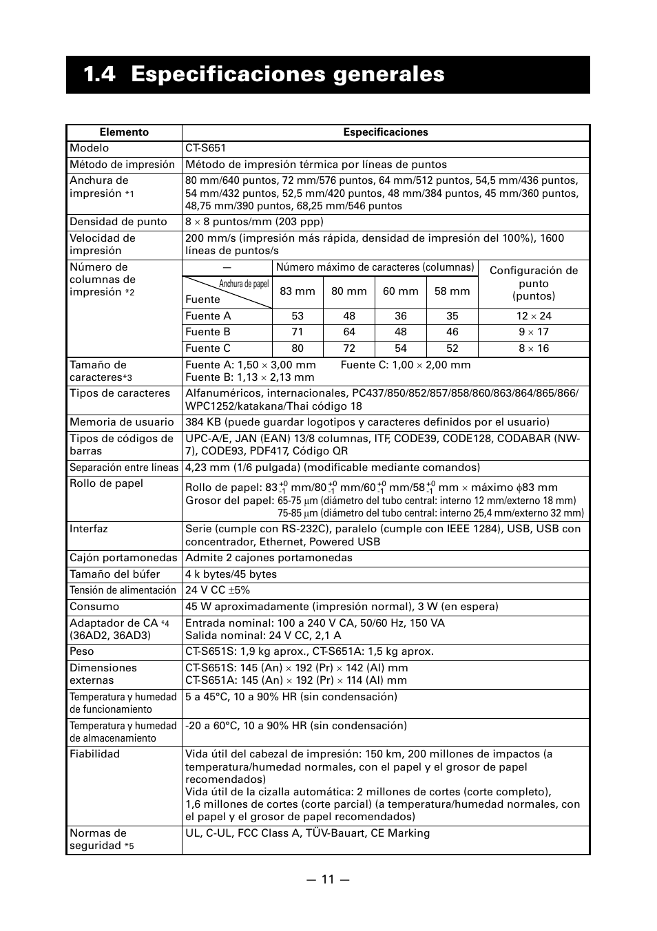 4 especificaciones generales | CITIZEN CT-S651 User Manual | Page 194 / 228