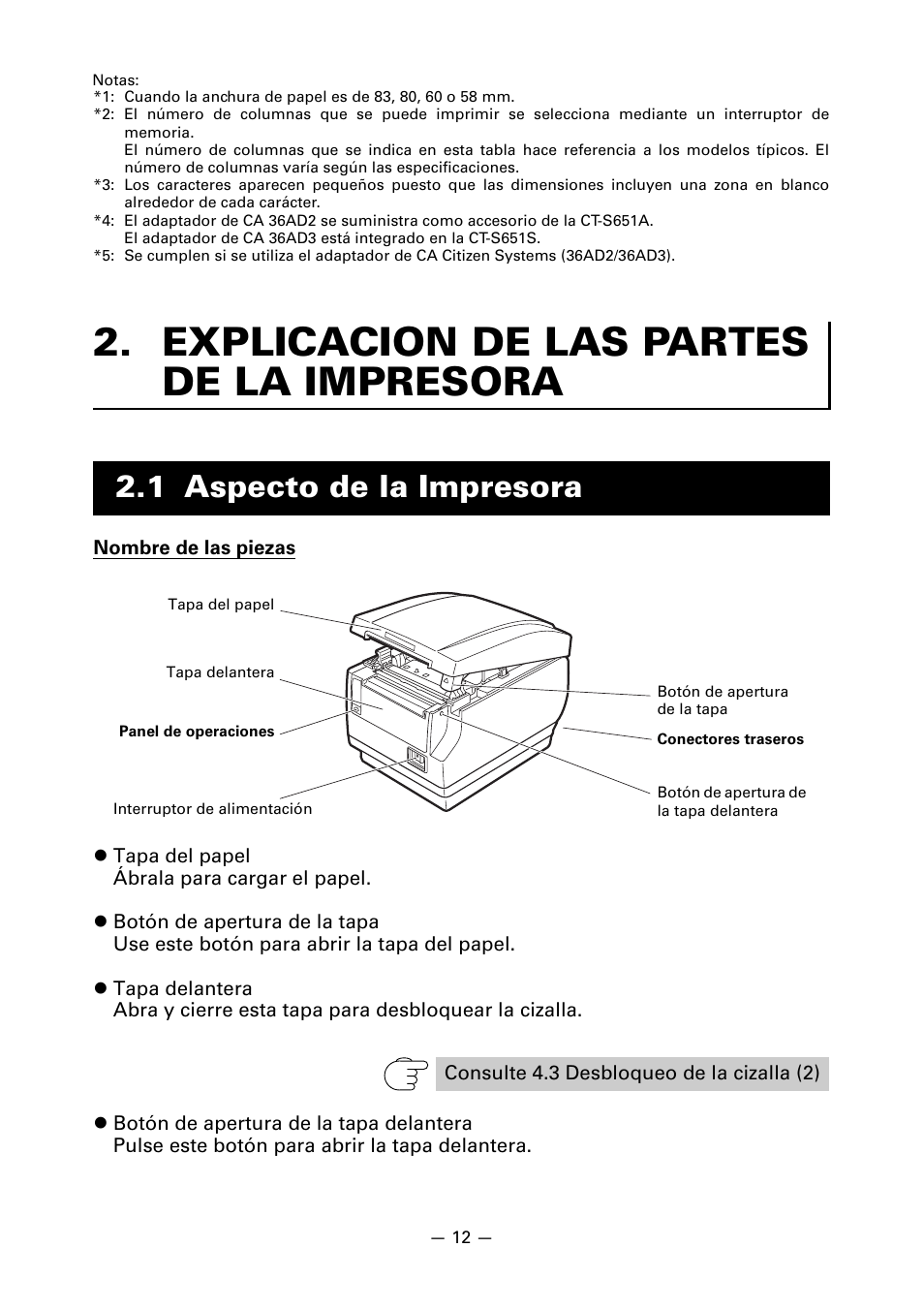 Explicacion de las partes de la impresora, 1 aspecto de la impresora | CITIZEN CT-S651 User Manual | Page 195 / 228