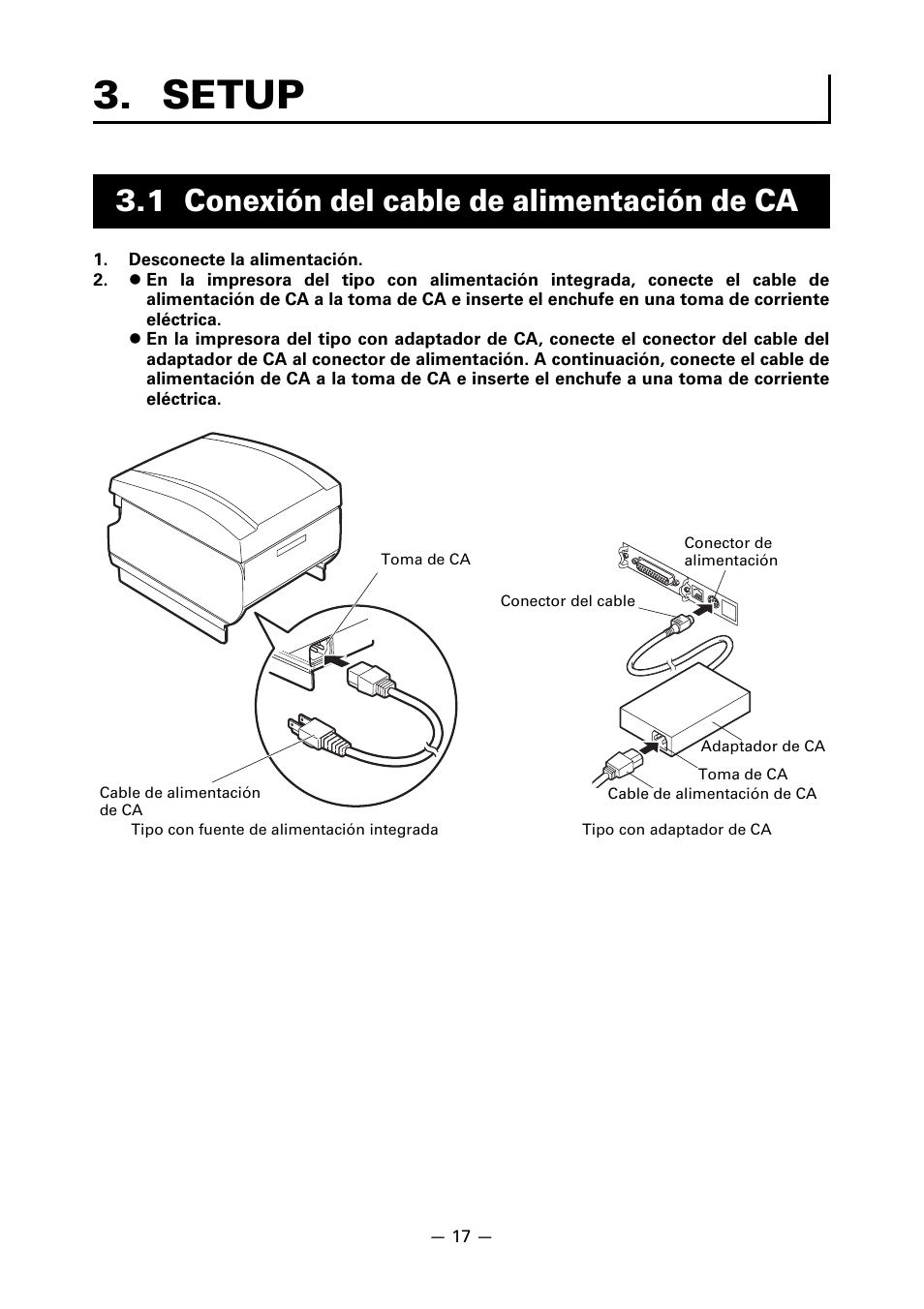 Setup, 1 conexión del cable de alimentación de ca | CITIZEN CT-S651 User Manual | Page 200 / 228