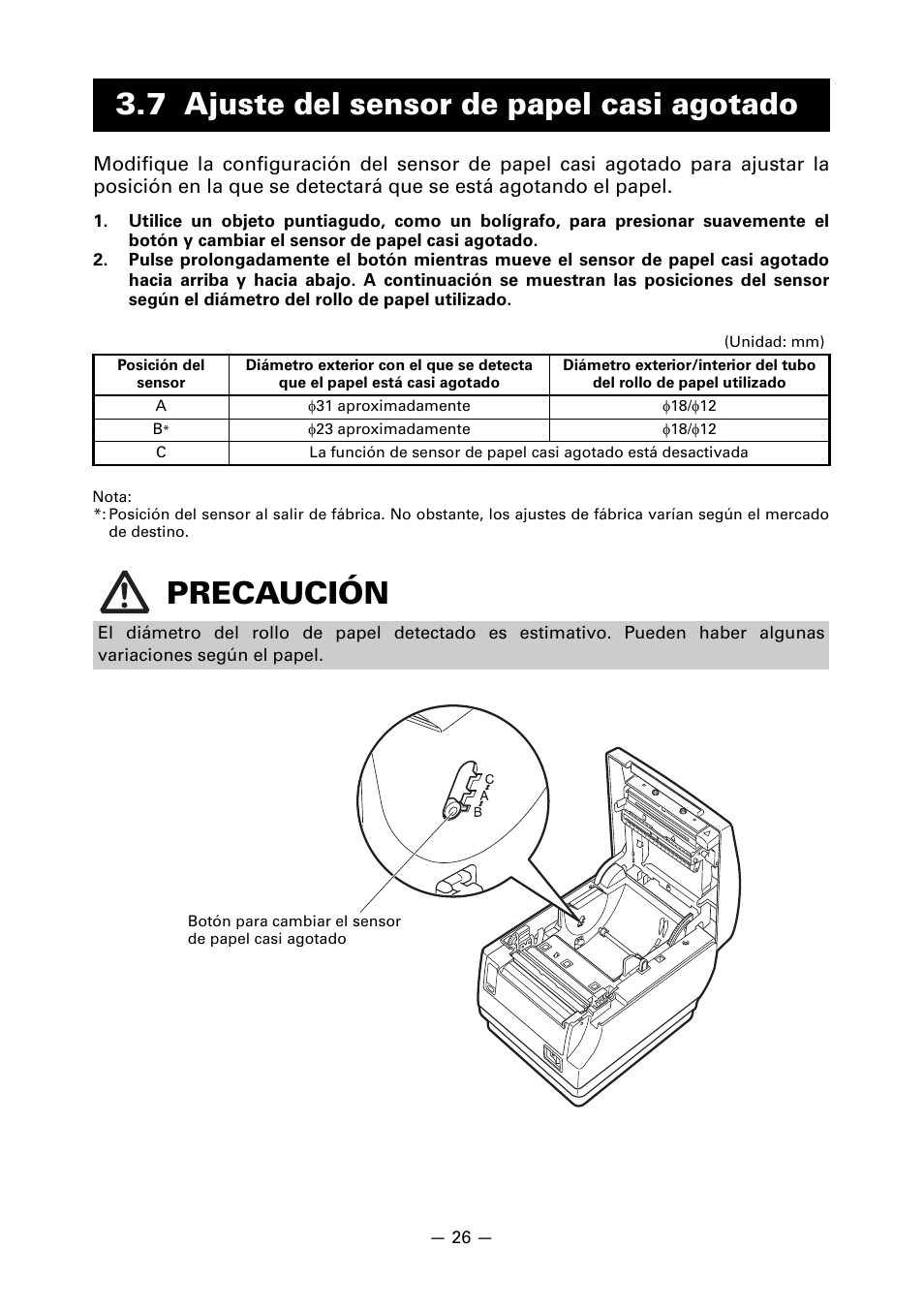 7 ajuste del sensor de papel casi agotado, Precaución | CITIZEN CT-S651 User Manual | Page 209 / 228