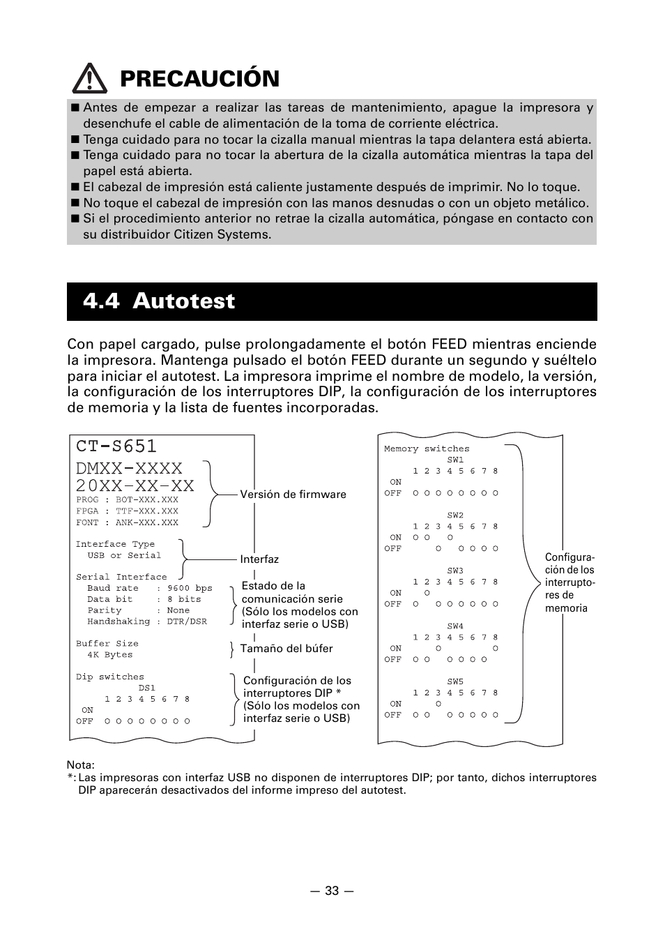 4 autotest, Precaución | CITIZEN CT-S651 User Manual | Page 216 / 228