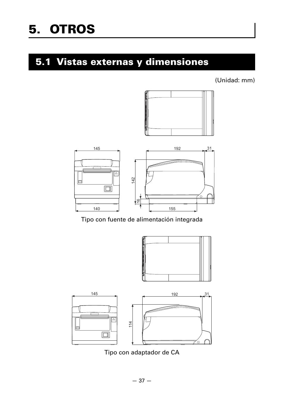 Otros, 1 vistas externas y dimensiones | CITIZEN CT-S651 User Manual | Page 220 / 228