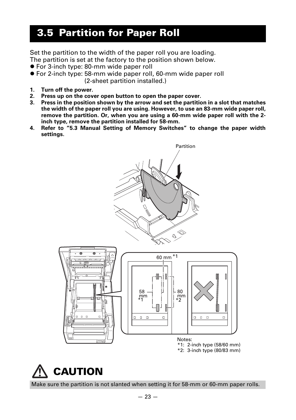 5 partition for paper roll, 5 partition for paper roll caution | CITIZEN CT-S651 User Manual | Page 27 / 228