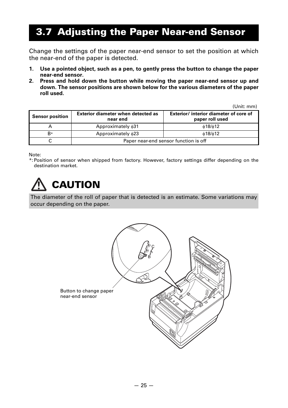 7 adjusting the paper near-end sensor, Caution | CITIZEN CT-S651 User Manual | Page 29 / 228