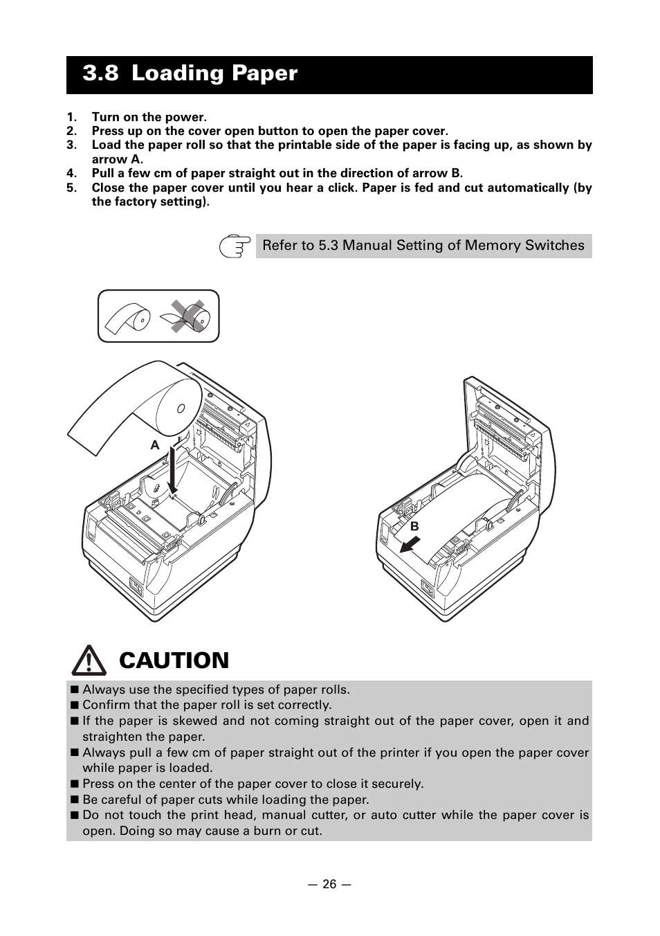 8 loading paper, Caution | CITIZEN CT-S651 User Manual | Page 30 / 228