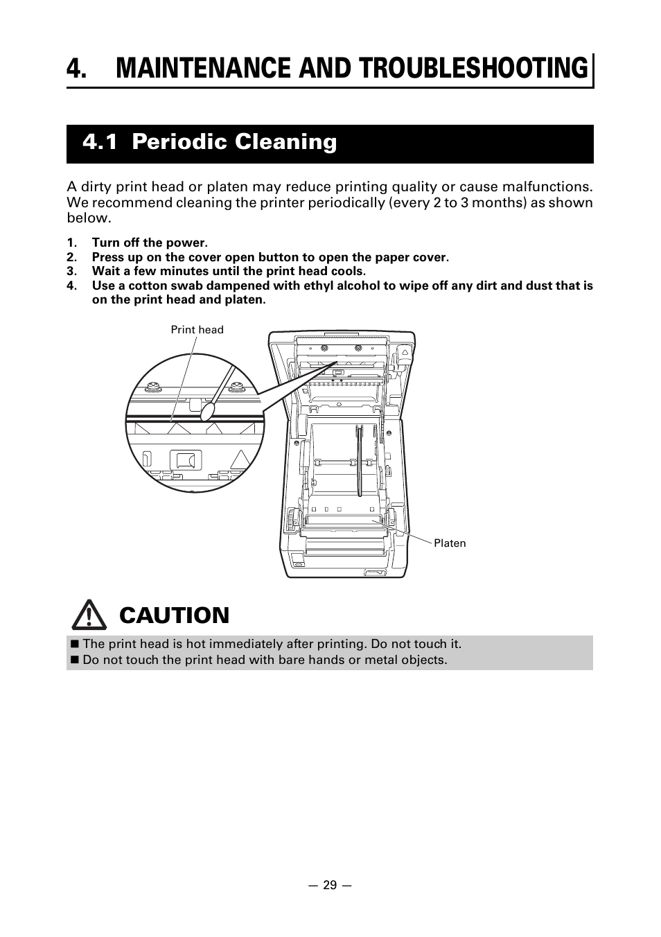 Maintenance and troubleshooting, 1 periodic cleaning, 1 periodic cleaning caution | CITIZEN CT-S651 User Manual | Page 33 / 228