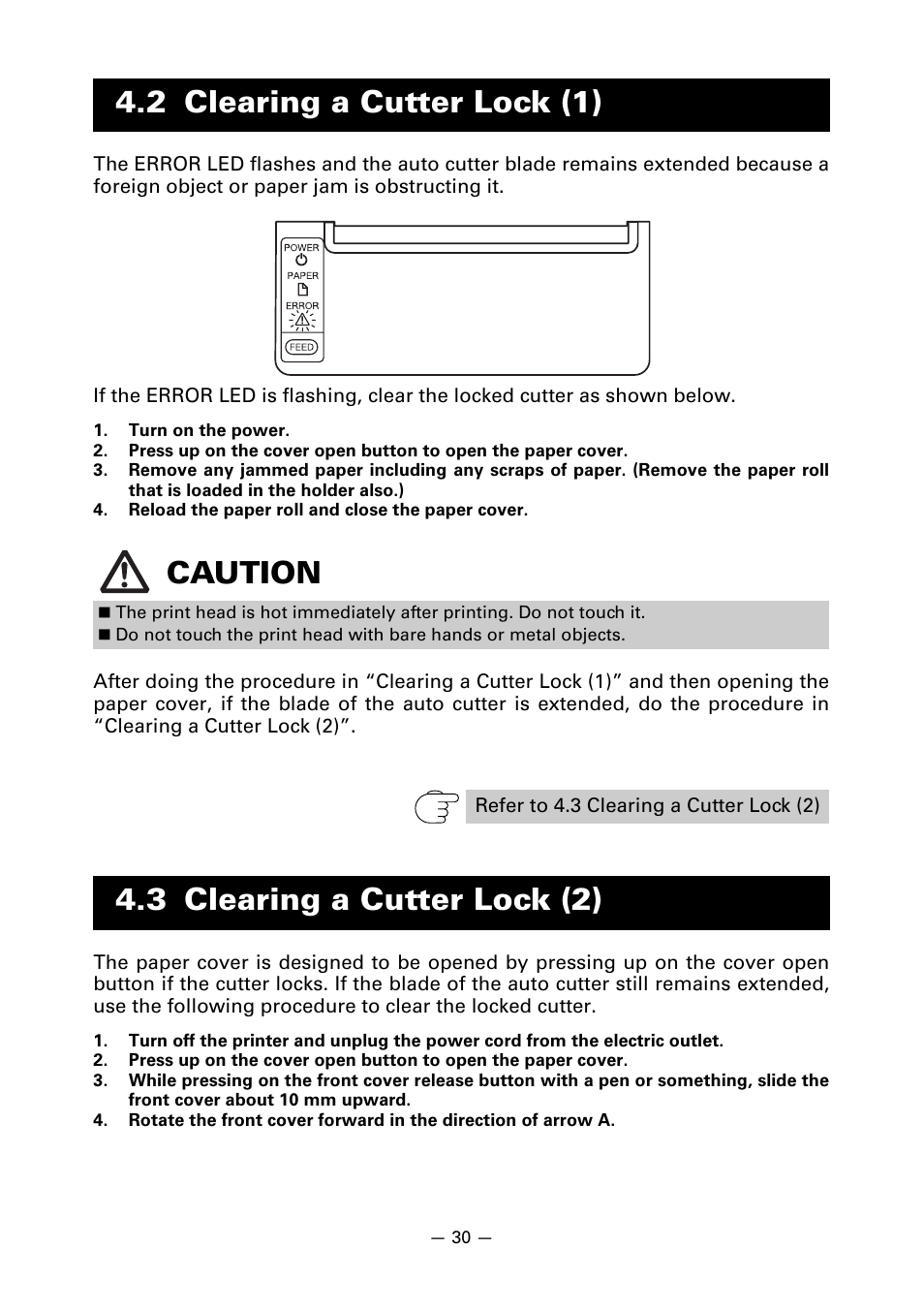 2 clearing a cutter lock (1), 3 clearing a cutter lock (2), 2 clearing a cutter lock (1) caution | CITIZEN CT-S651 User Manual | Page 34 / 228