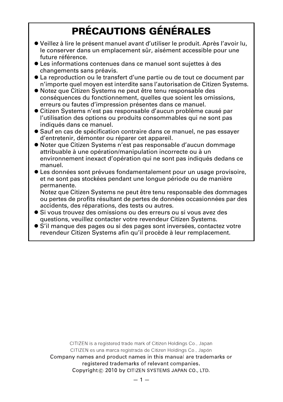 Précautions générales | CITIZEN CT-S651 User Manual | Page 48 / 228