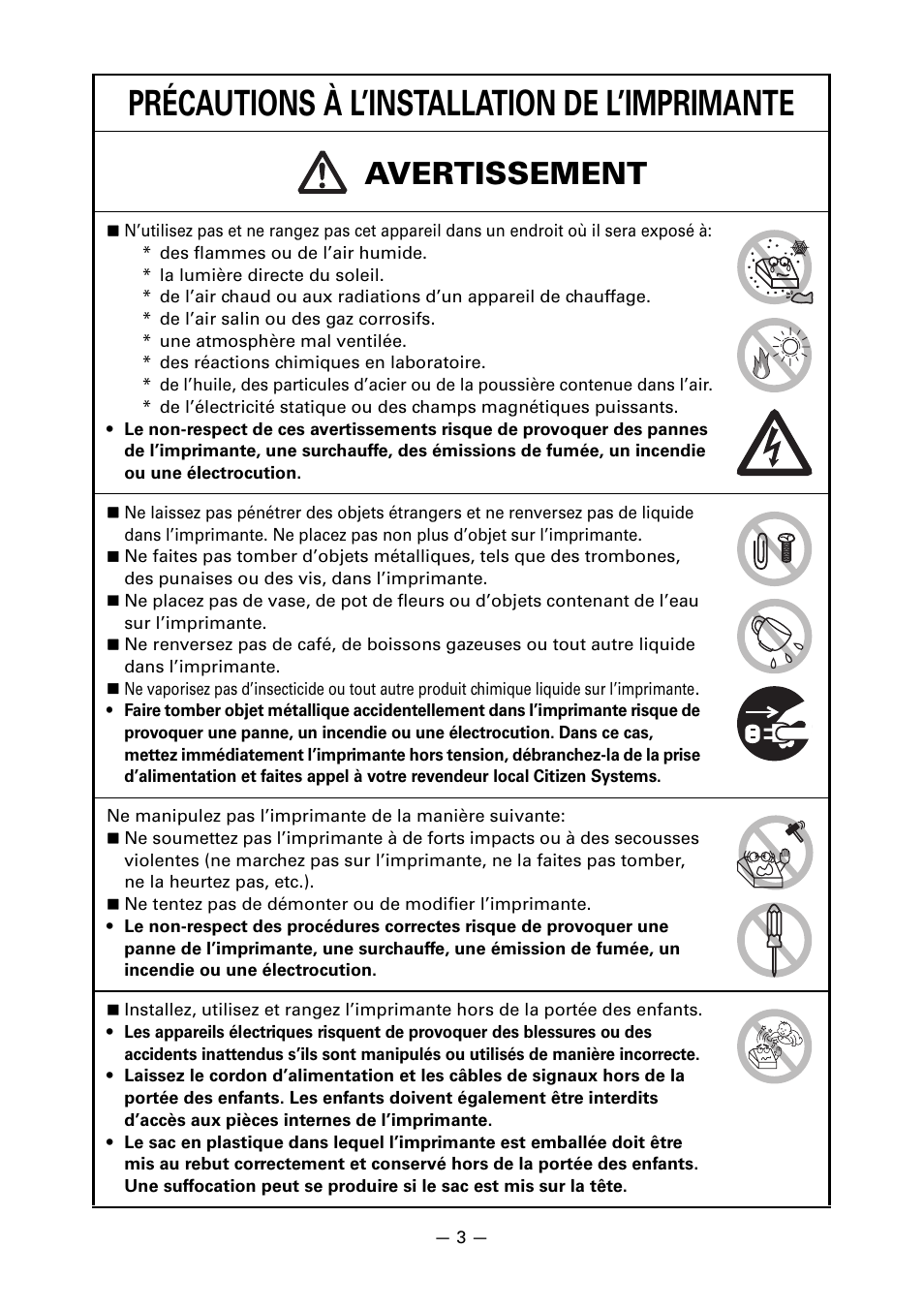 Précautions à l’installation de l’imprimante, Avertissement | CITIZEN CT-S651 User Manual | Page 50 / 228