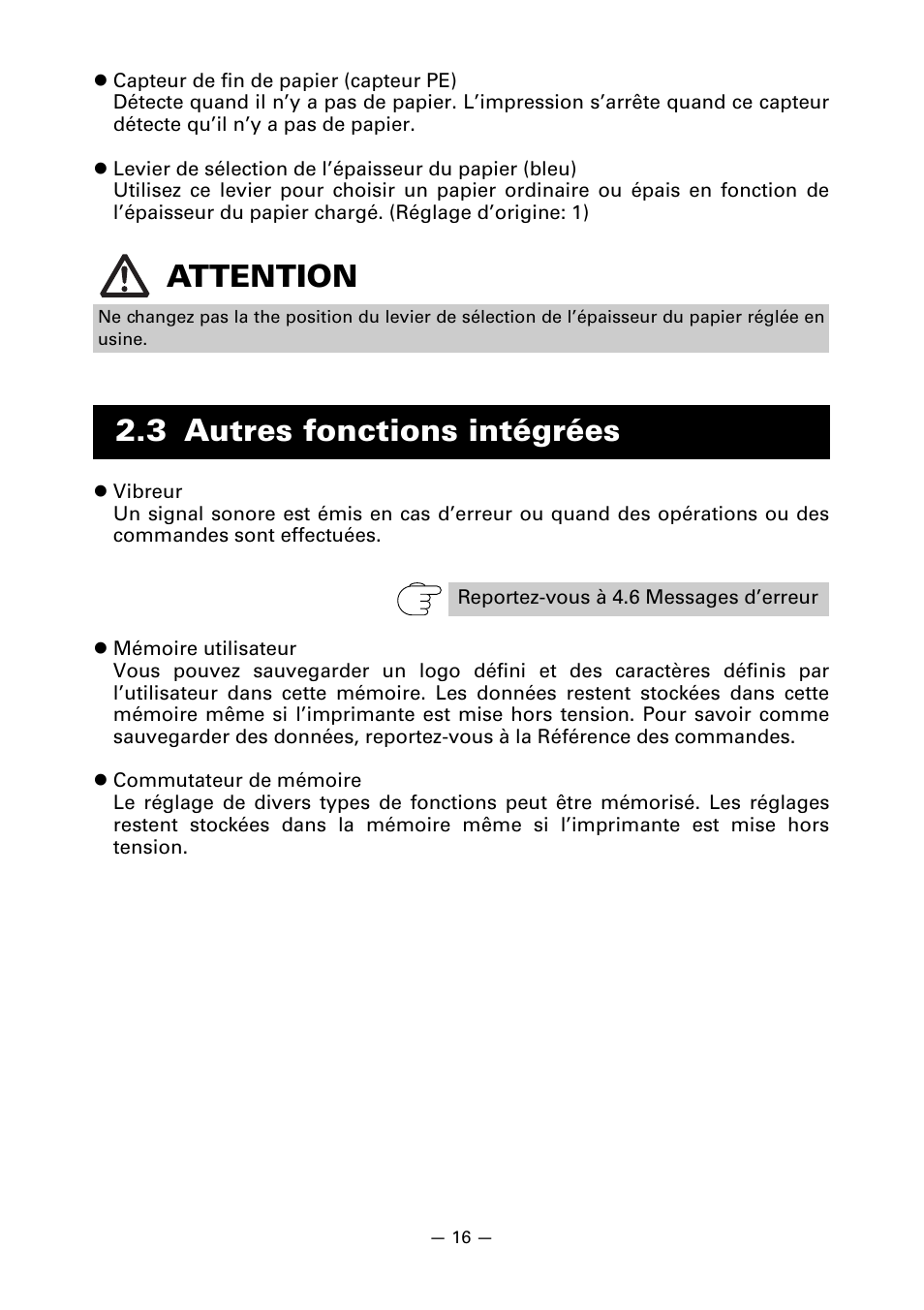 3 autres fonctions intégrées, Attention | CITIZEN CT-S651 User Manual | Page 63 / 228