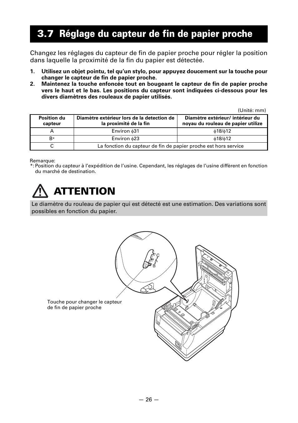 7 réglage du capteur de fin de papier proche, Attention | CITIZEN CT-S651 User Manual | Page 73 / 228