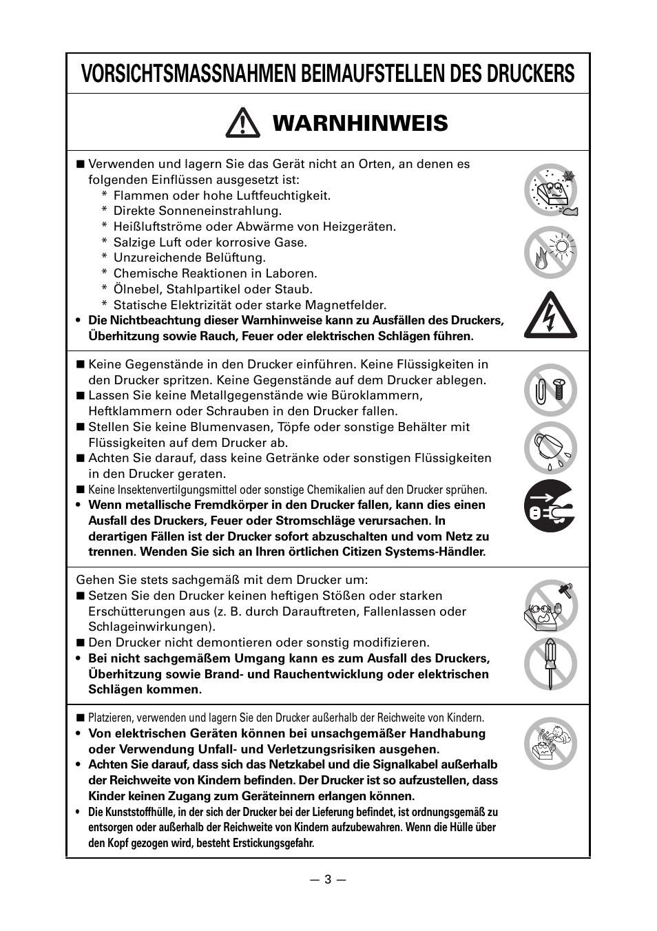 Vorsichtsmassnahmen beimaufstellen des druckers, Warnhinweis | CITIZEN CT-S651 User Manual | Page 95 / 228