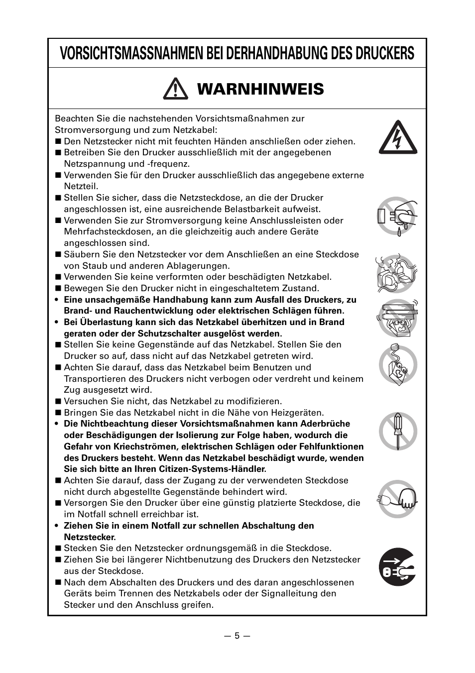 Vorsichtsmassnahmen bei derhandhabung des druckers, Warnhinweis | CITIZEN CT-S651 User Manual | Page 97 / 228