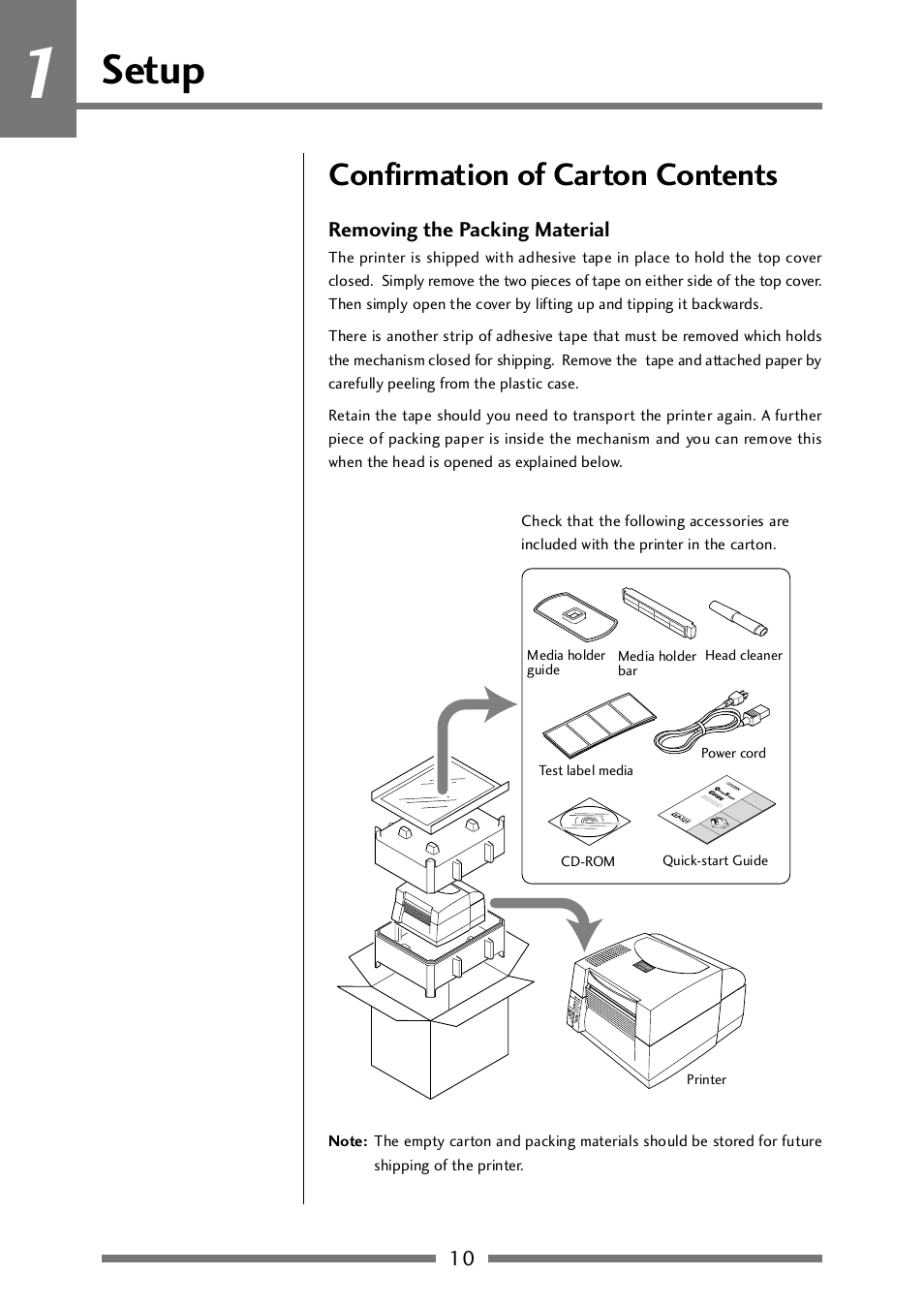 Setup, Confirmation of carton contents, Removing the packing material | CITIZEN CLP-521 User Manual | Page 10 / 54