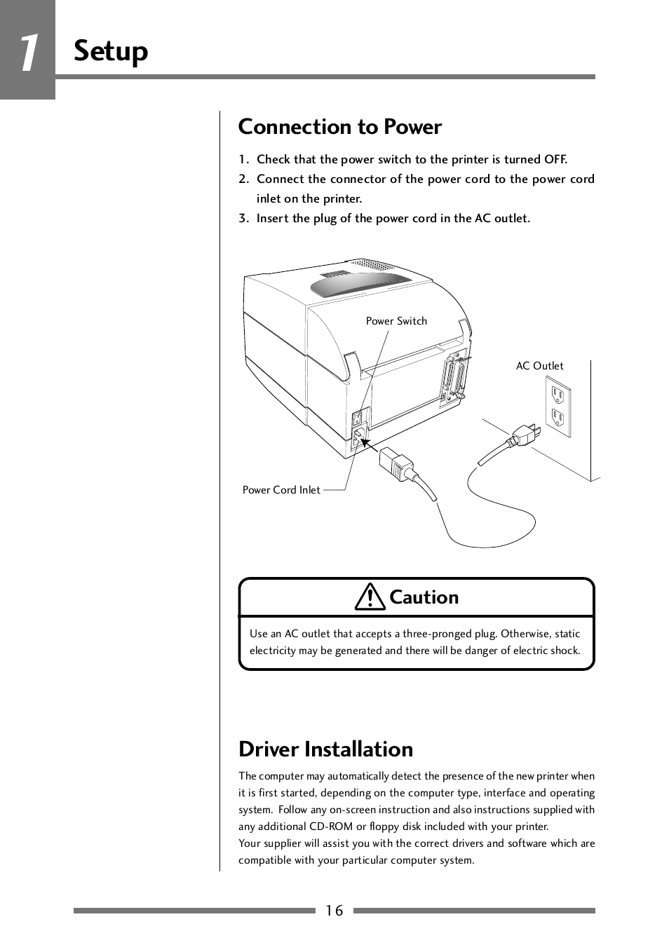 Connection to power, Driver installation, Connection to power driver installation | Connection to power (p.16), Setup, Caution | CITIZEN CLP-521 User Manual | Page 16 / 54