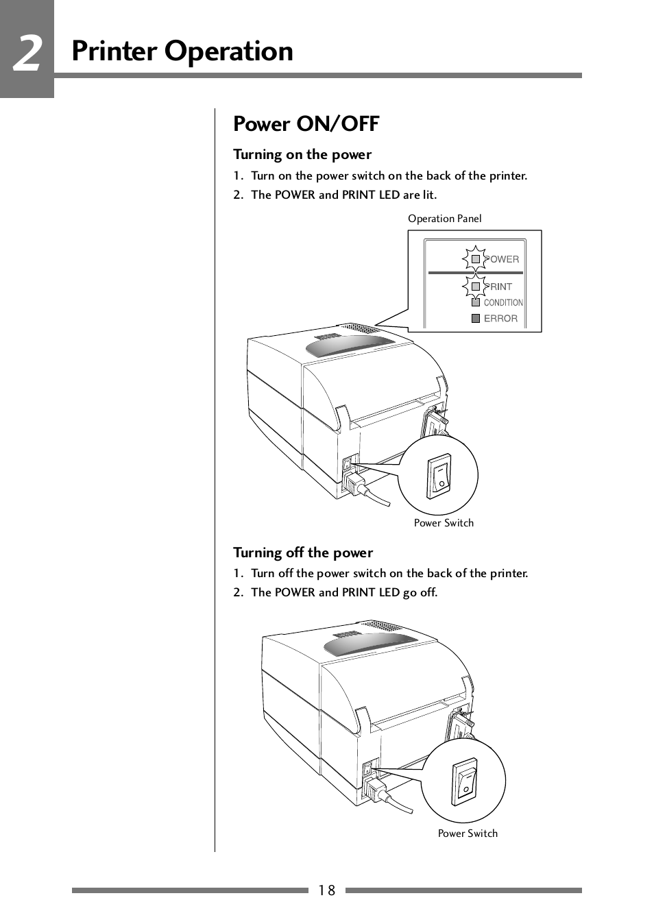 Printer operation, Power on/off, Turning on the power | Turning off the power, Power on/off (p.18) | CITIZEN CLP-521 User Manual | Page 18 / 54