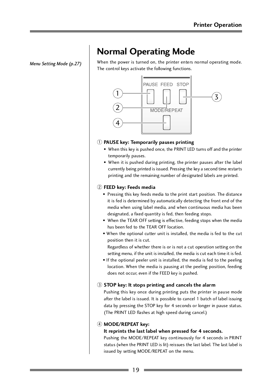 Normal operating mode, 19 printer operation | CITIZEN CLP-521 User Manual | Page 19 / 54