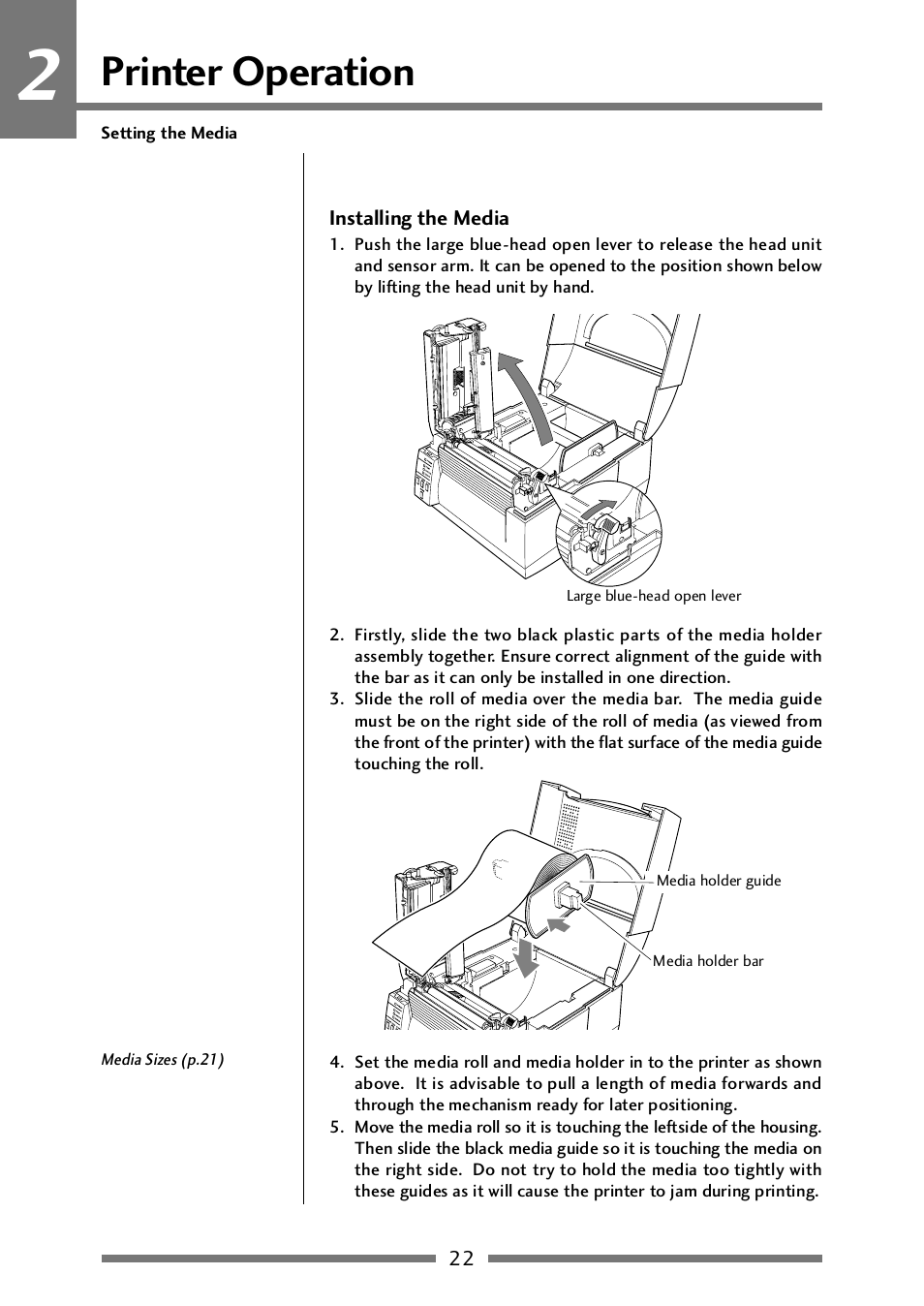 Installing the media, Printer operation | CITIZEN CLP-521 User Manual | Page 22 / 54