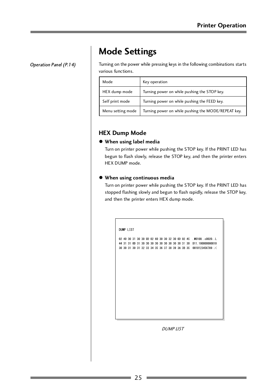 Mode settings, Hex dump mode, 25 printer operation | CITIZEN CLP-521 User Manual | Page 25 / 54