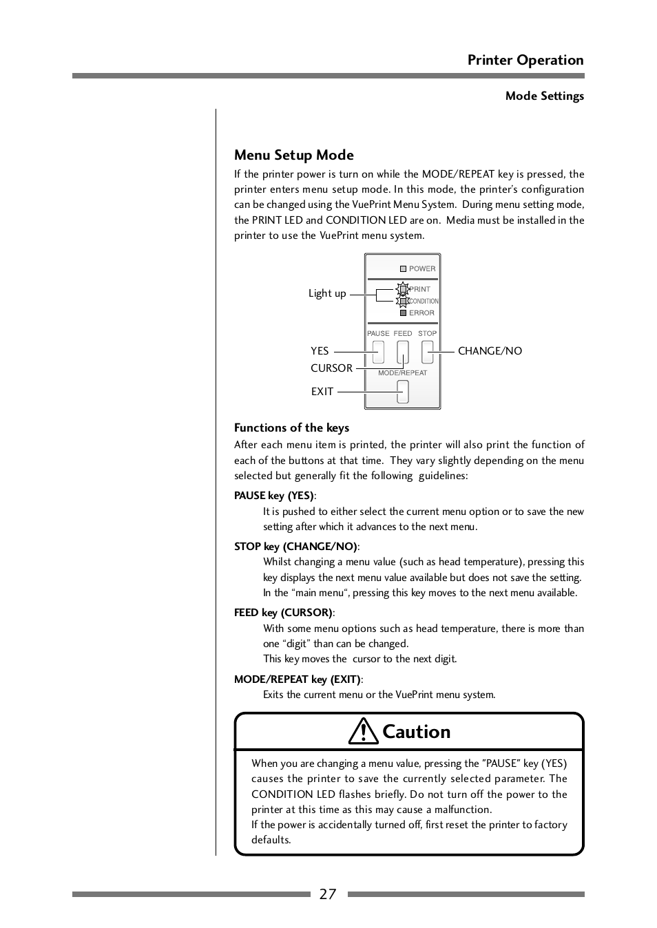 Menu setting mode, Caution, 27 printer operation menu setup mode | CITIZEN CLP-521 User Manual | Page 27 / 54