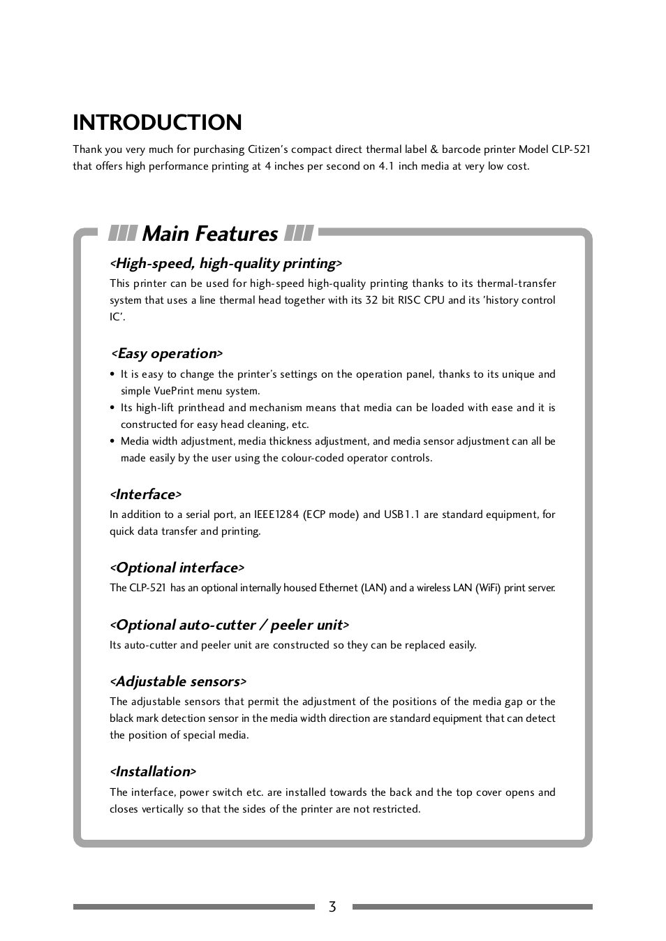 Before operation, Introduction, Main features | CITIZEN CLP-521 User Manual | Page 3 / 54