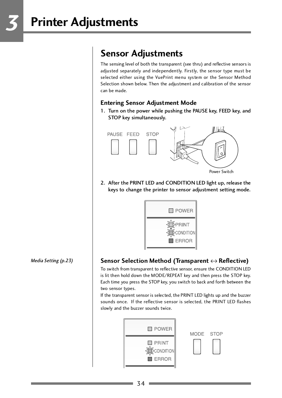 Printer adjustments, Sensor adjustments, Entering sensor adjustment mode | Sensor selection method, Sensor selection method (transparent, Reflective), P.34) | CITIZEN CLP-521 User Manual | Page 34 / 54