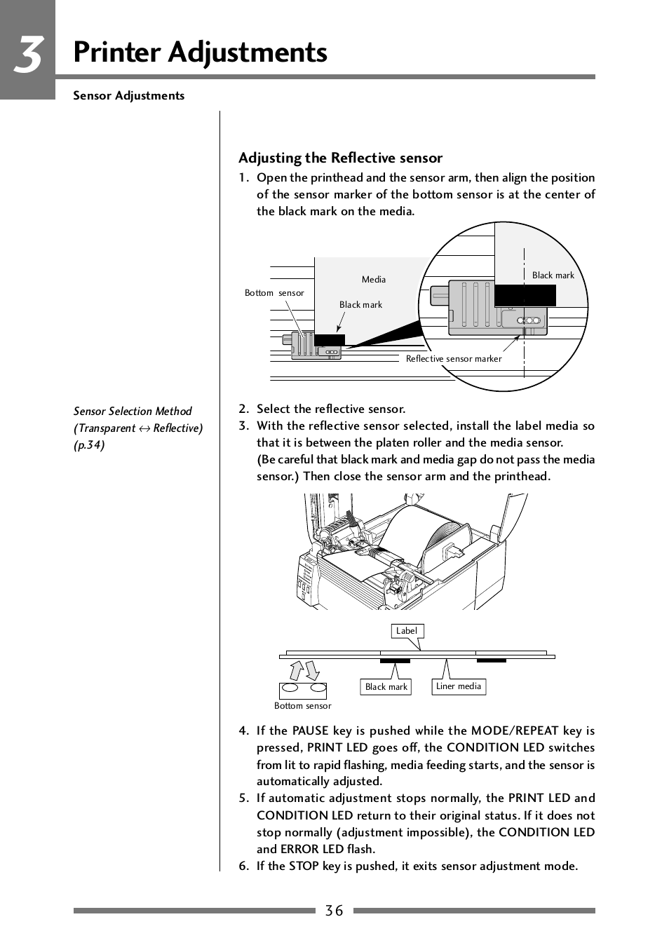 Adjusting the reflective type sensor, Adjusting the reflective sensor (p.36), Printer adjustments | CITIZEN CLP-521 User Manual | Page 36 / 54