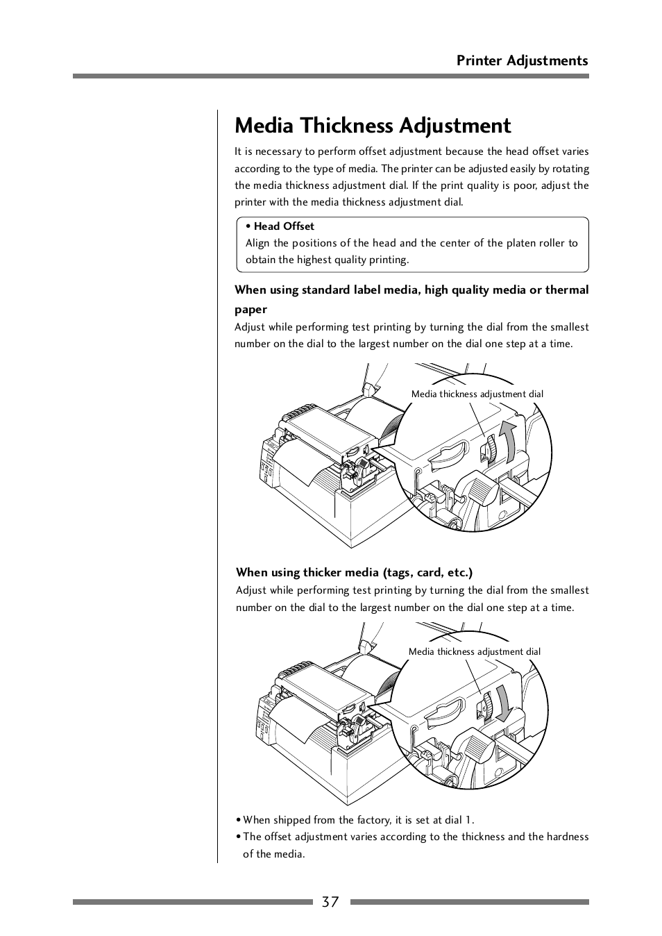 Media thickness adjustment, 37 printer adjustments | CITIZEN CLP-521 User Manual | Page 37 / 54