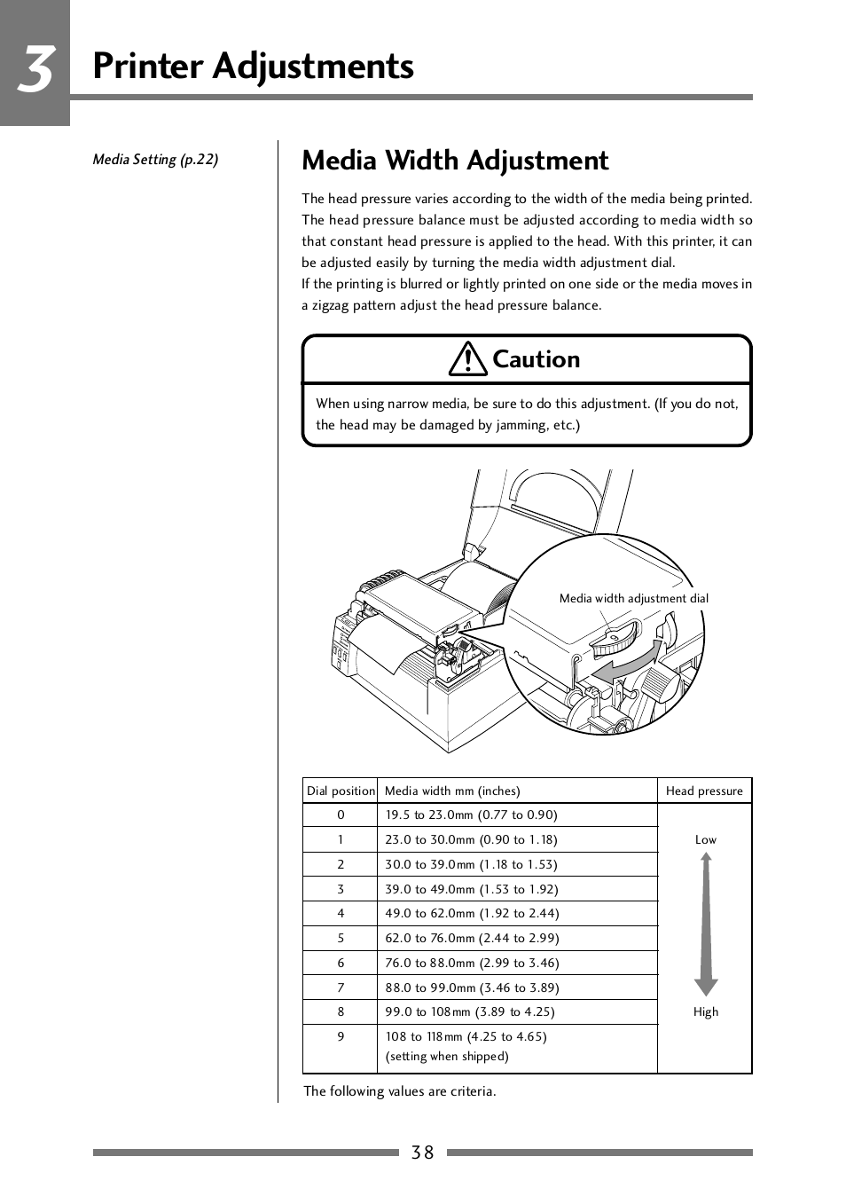 Media width adjustment, Printer adjustments, Caution | CITIZEN CLP-521 User Manual | Page 38 / 54