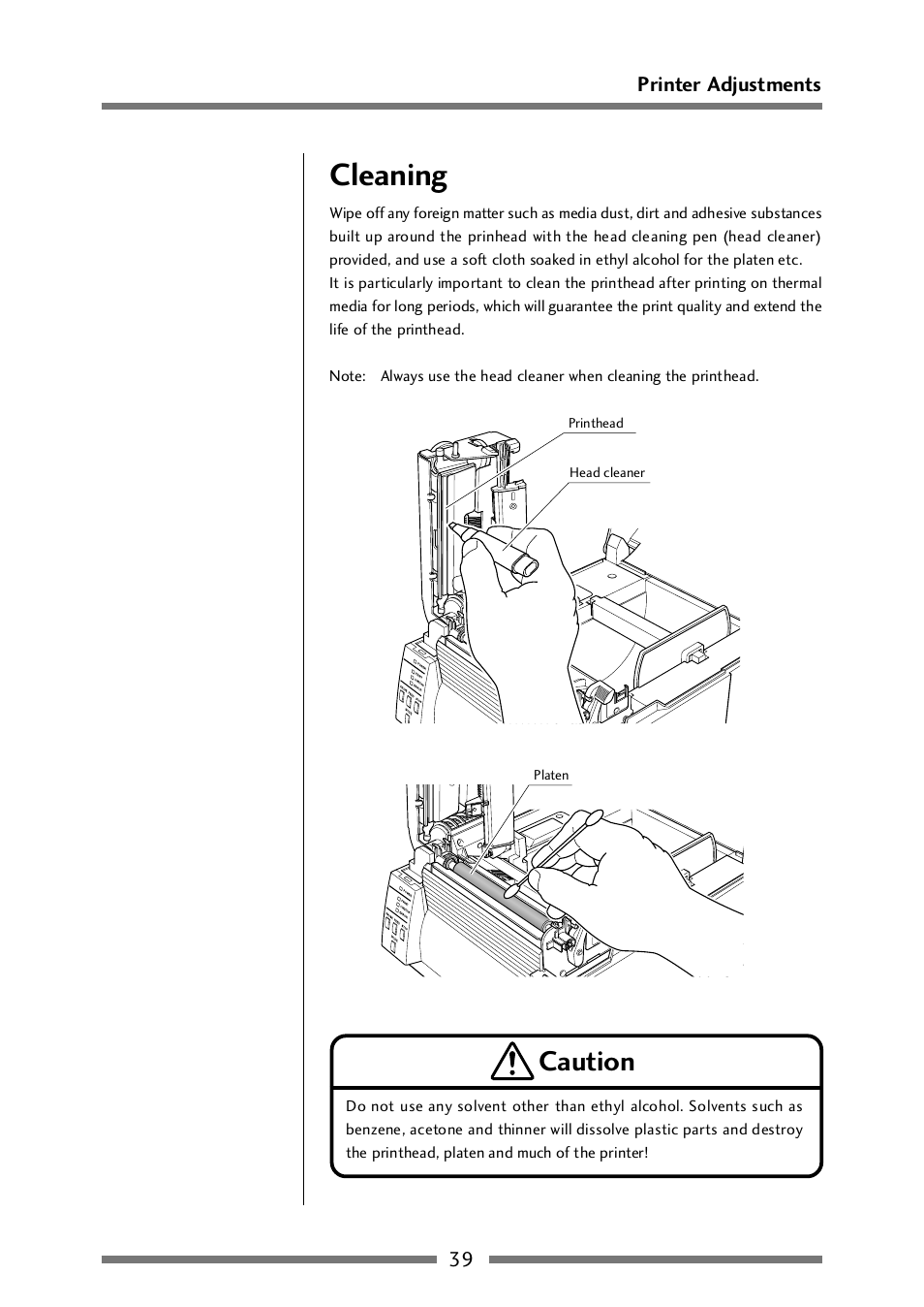 Cleaning, Caution, 39 printer adjustments | CITIZEN CLP-521 User Manual | Page 39 / 54